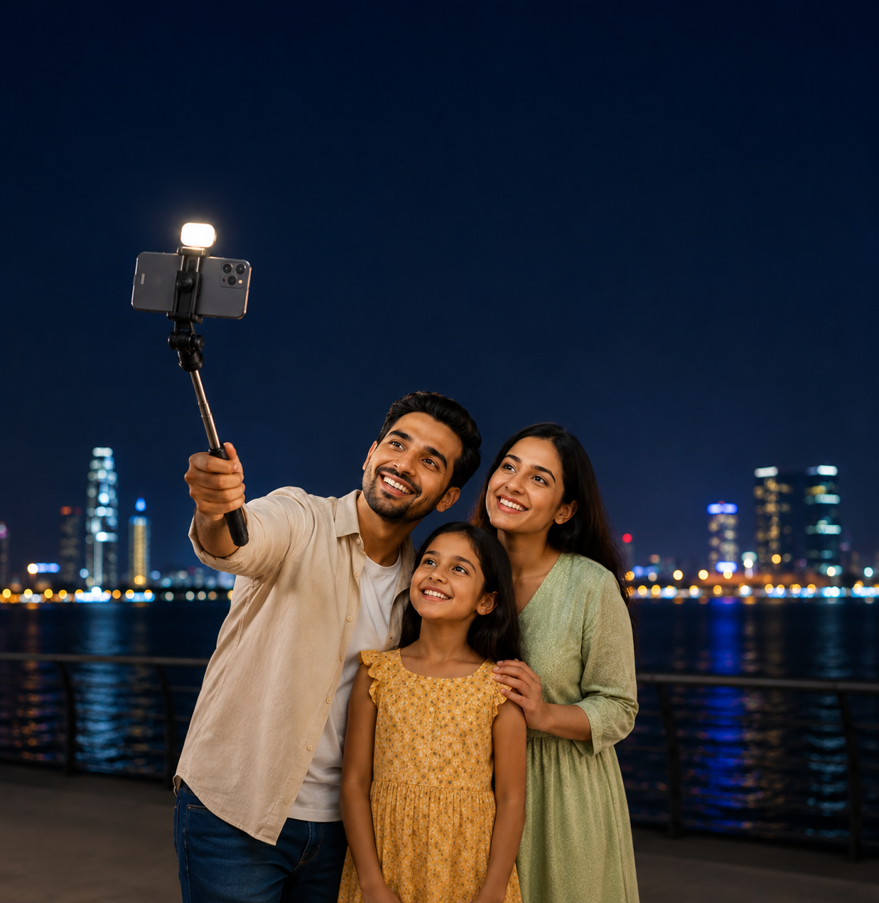 alt="Solvix RS1 extendable light 3 in 1 selfie stick with tripod, Bluetooth remote and phone holder for travel vlogging and photography"