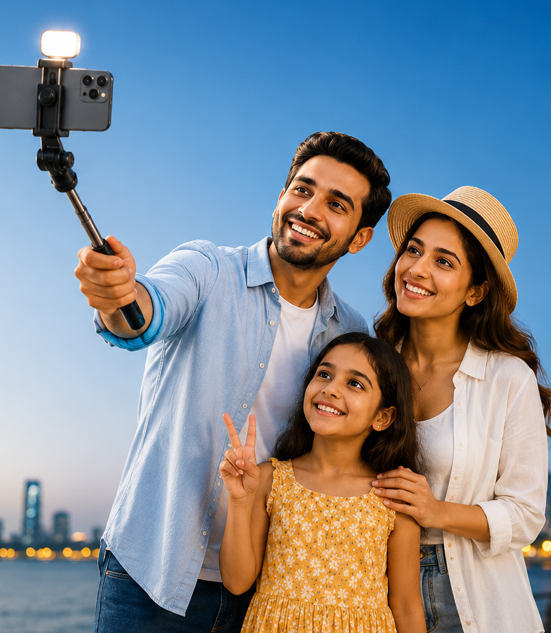 alt="Family taking Day selfie using RS1 extendable light 3 in 1 selfie stick by Solvix near city waterfront"