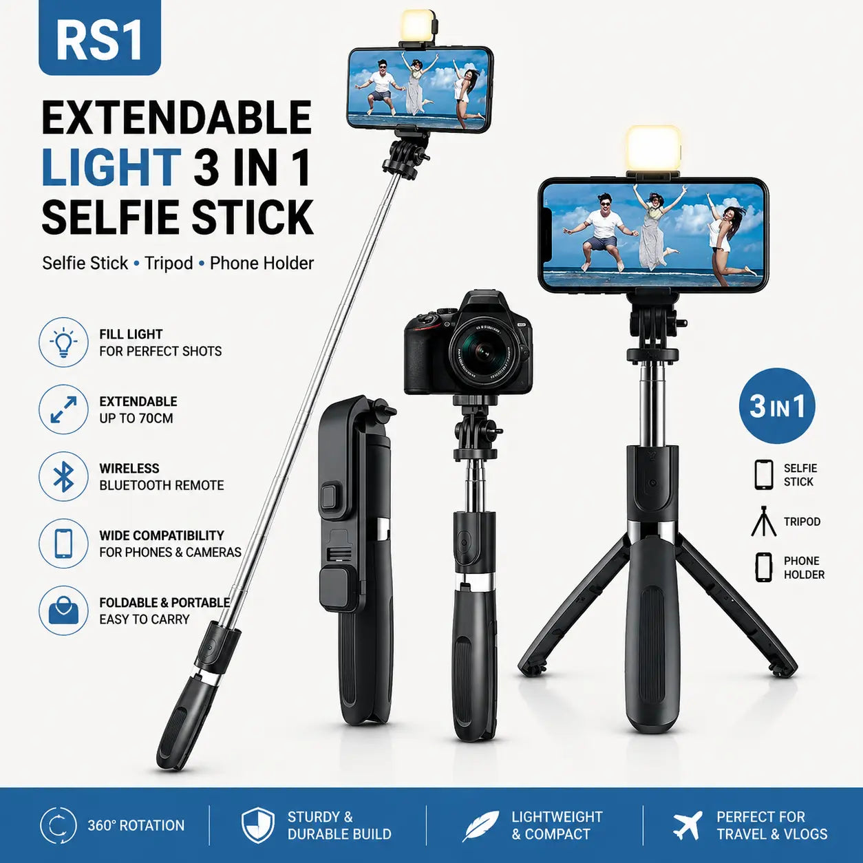 Solvix Creator Bundle – 3 in 1 Selfie Stick & Mobile Tripod Kit Solvix
