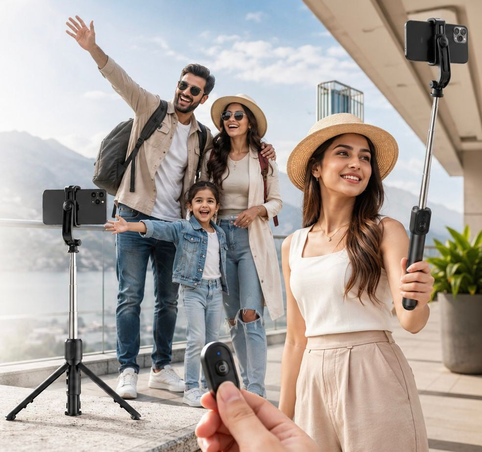 alt="Family taking night selfie using RS1 extendable light 3 in 1 selfie stick by Solvix near city waterfront"